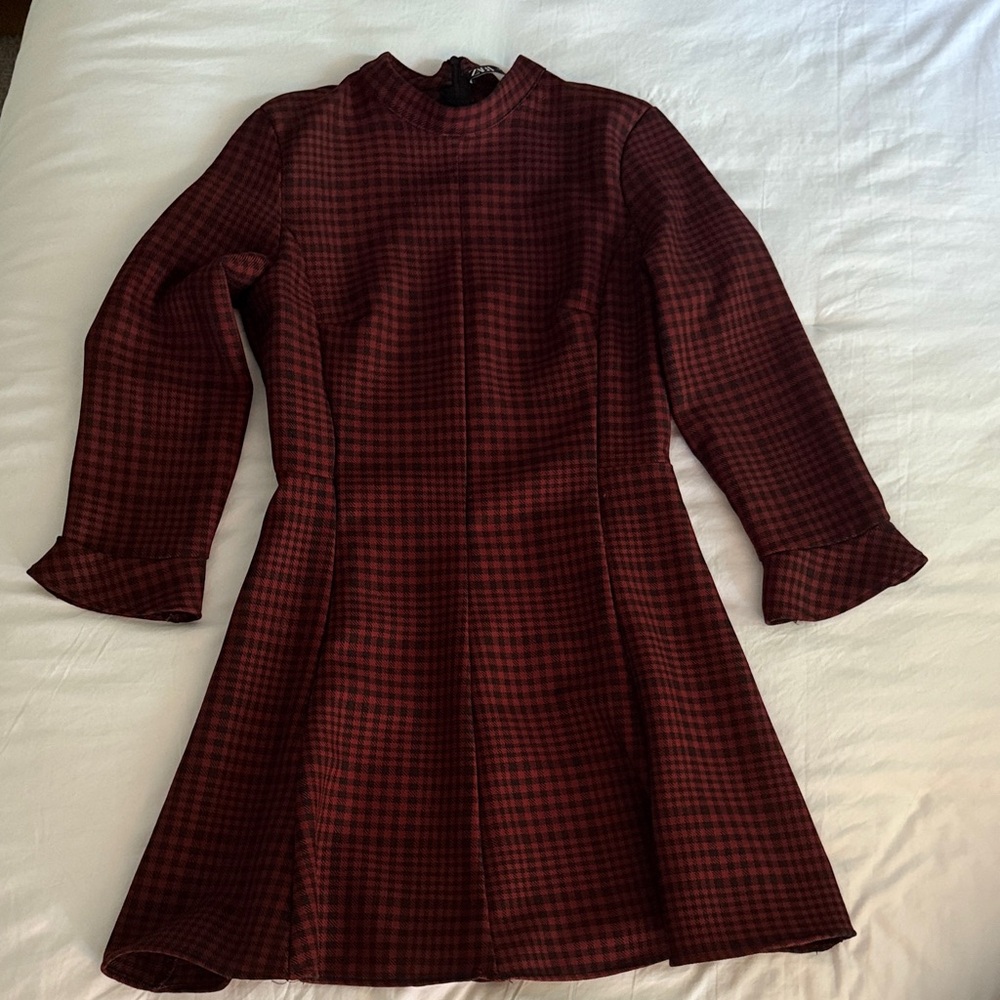 Zara Burgundy Checkered Long Sleeve Dress